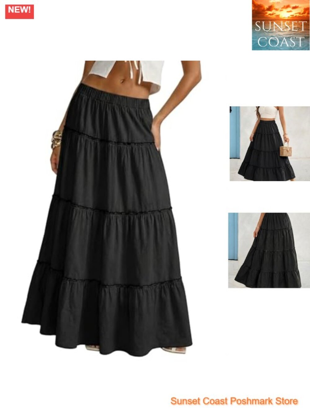 Cotton Maxi Skirt Tiered Elastic Waist A Line Boho Summer Beach